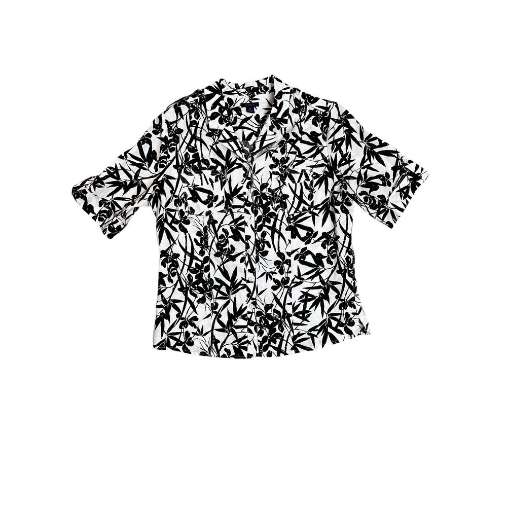 Westbound Womens 16 Linen Button Up Shirt Black White Floral Bamboo Camp Blouse - Picture 2 of 8